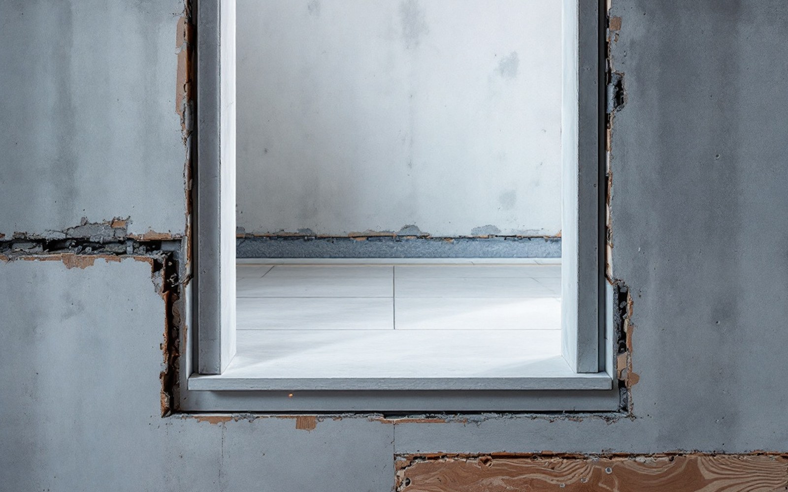 A concrete balcony slab meeting a wall, seen from below